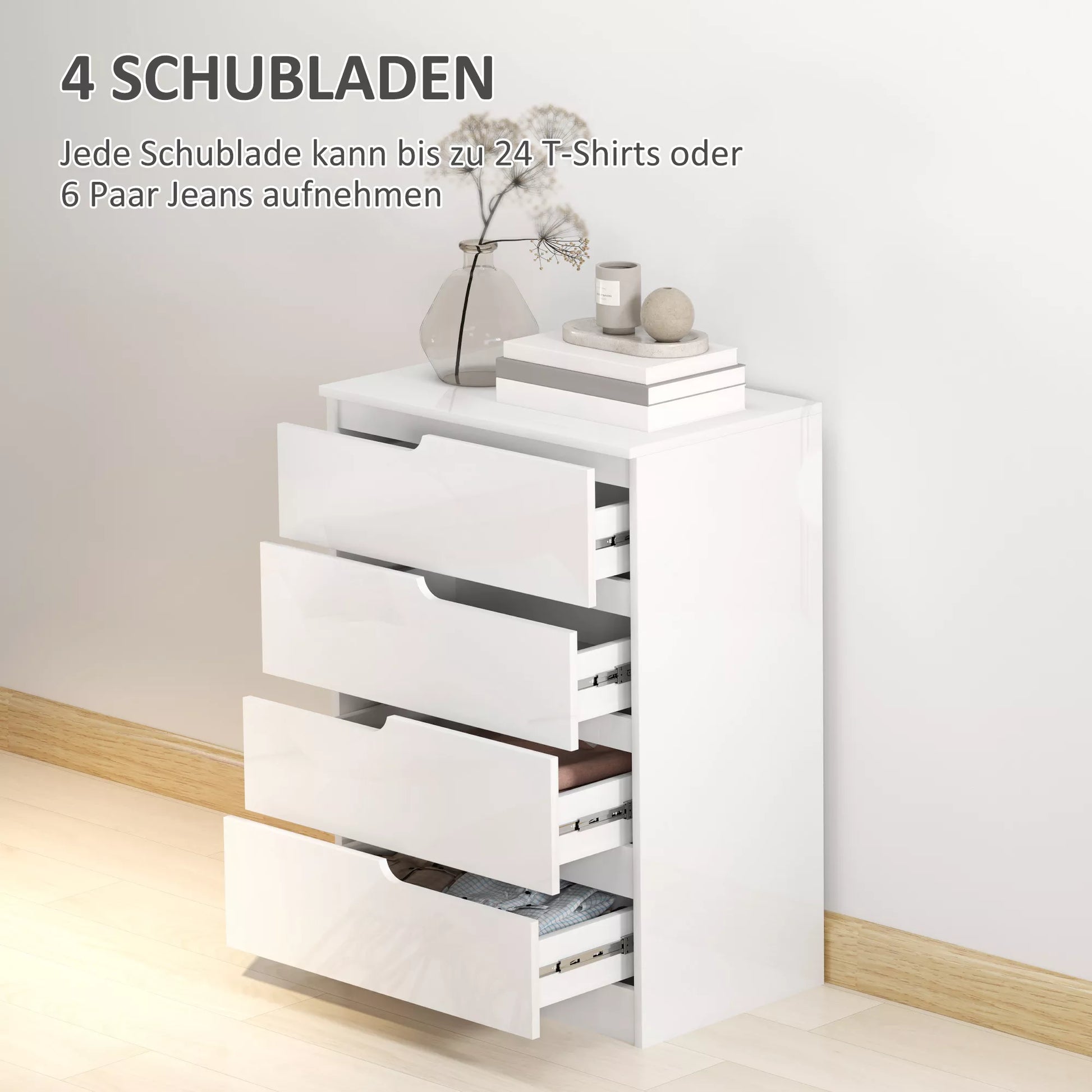 Šiuolaikiška komoda, spinta, 4 stalčiai, mediena, apsauga nuo apvirsties, kojų pagalvėlės, balta