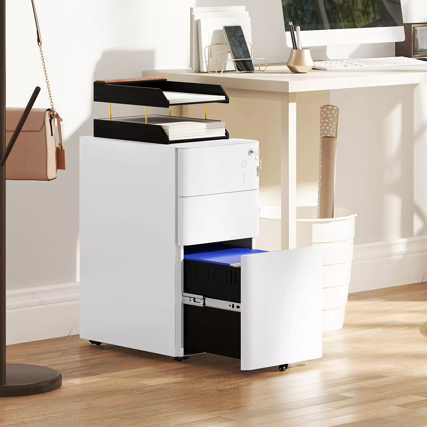 Metalinė dokumentų spinta, biuro spinta, 3 stalčiai, ratukai, balta