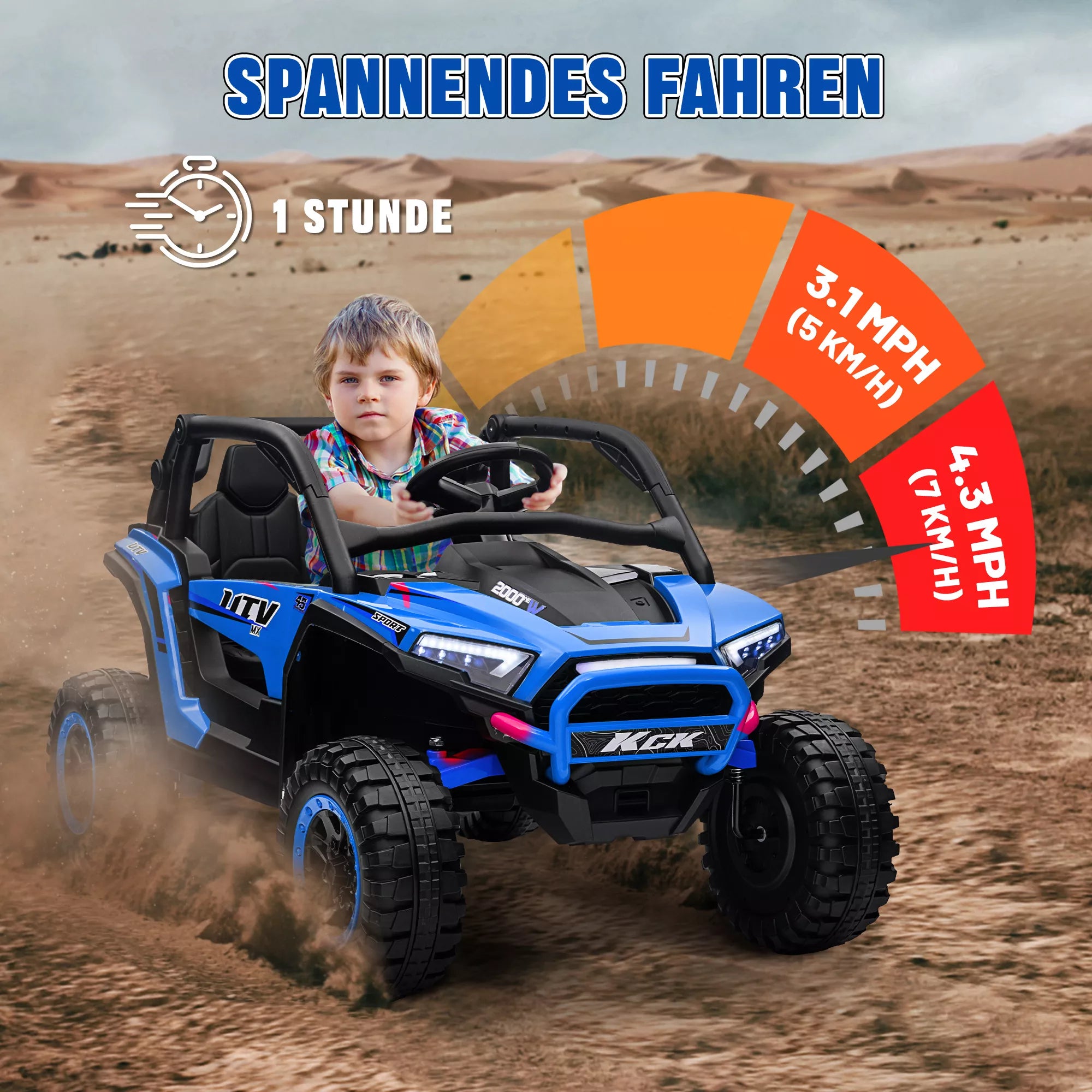 Vaikų automobilis „Elektro-UTV“, 5–7 km/h, 2 vietos, nuotolinis valdymas, muzika, žibintai, 1 val. važiavimo trukmė, mėlynas