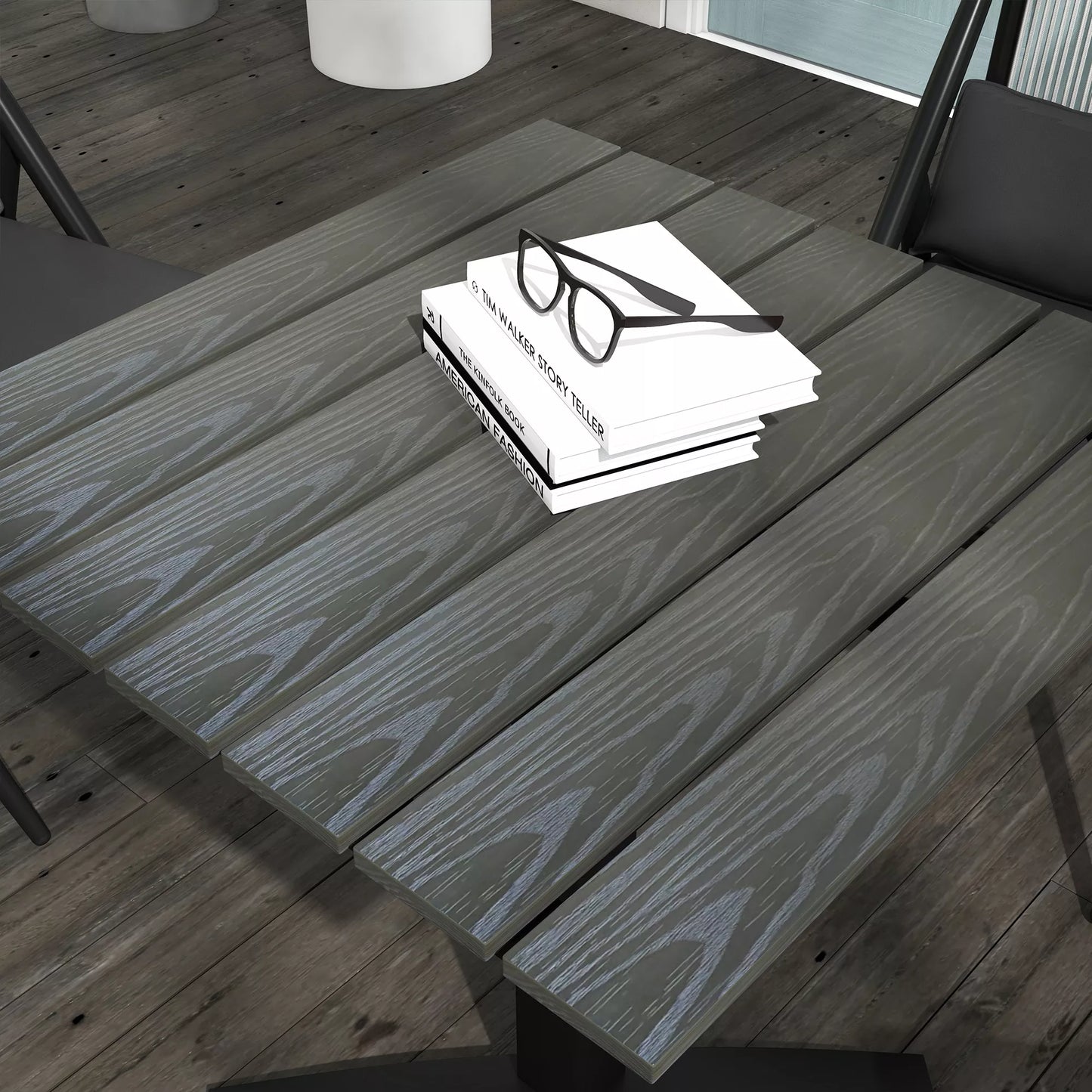 Lauko stalas, 4 asmenims, medžio išvaizdos, aliuminio rėmas, 70 x 70 x 76 cm, pilkas