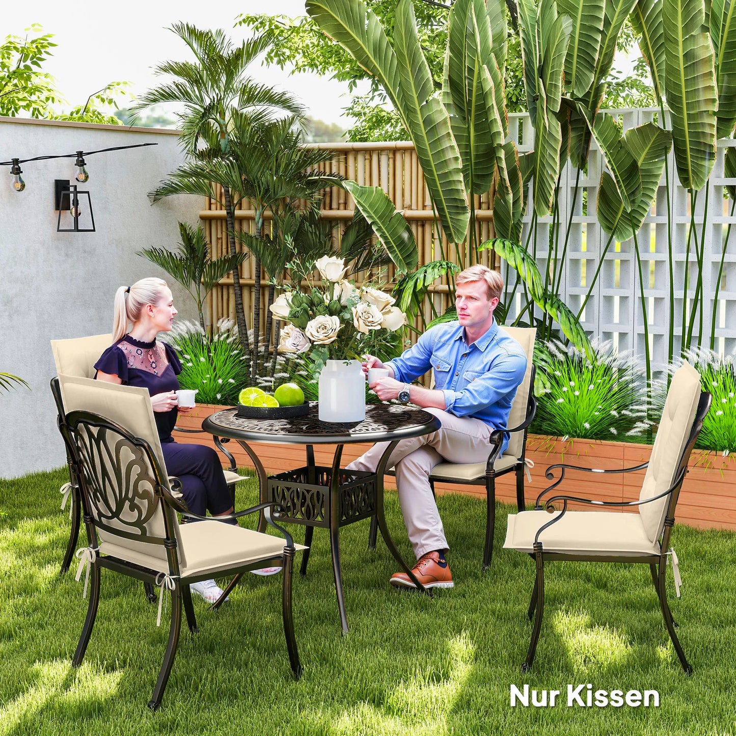 4 vnt. Sėdynių pagalvėlių rinkinys 108 x 50 x 5 cm Kėdės pagalvėlė su raišteliais, lauko ir vidaus naudojimui, smėlio spalvos