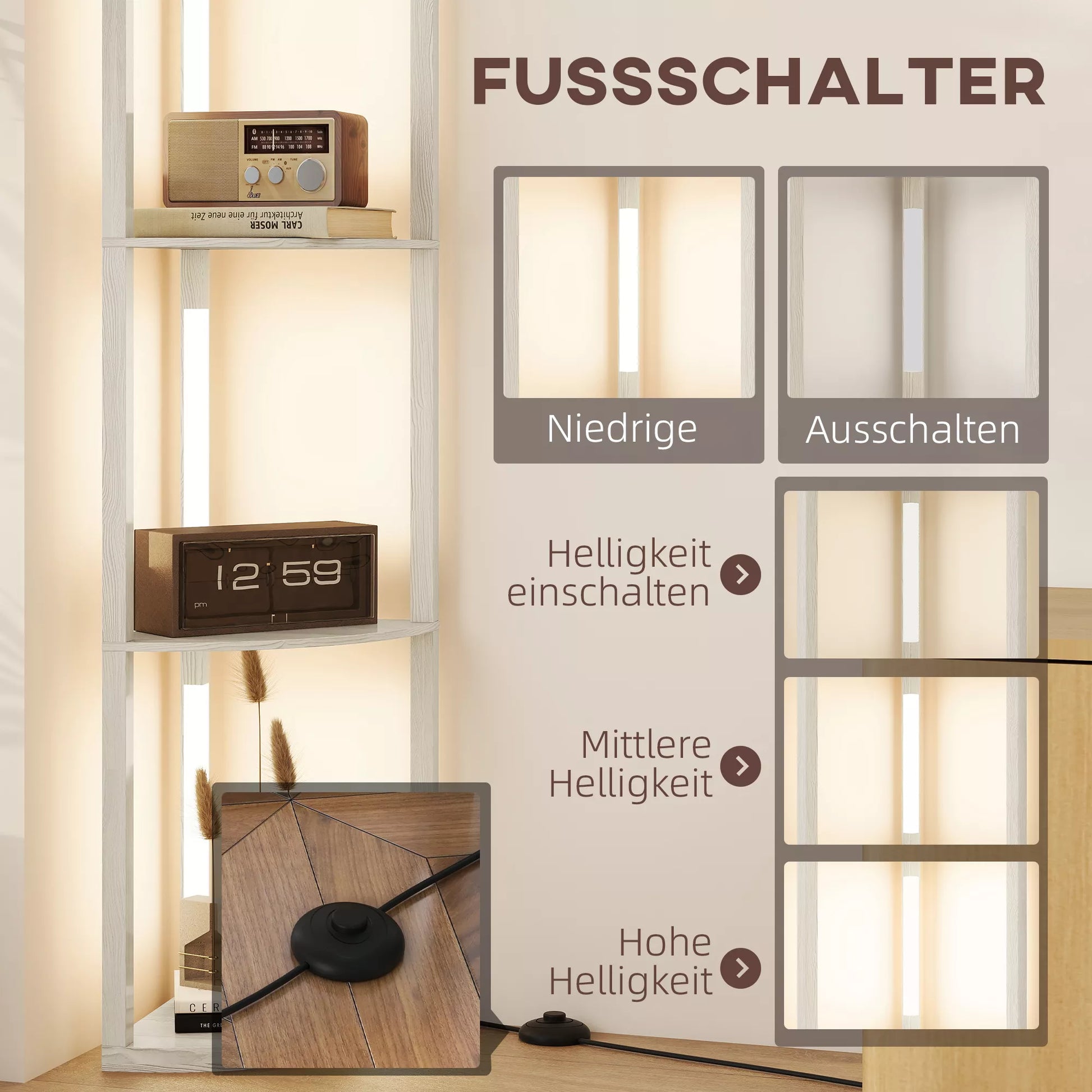 LED stovas lentyna, kampinė lentyna, pritemdoma, 4 lentynos, šilta balta šviesa, 41x30x164cm, Ąžuolas