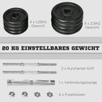 20 kg reguliuojamo svorio infografika su svarmenimis ir grifais