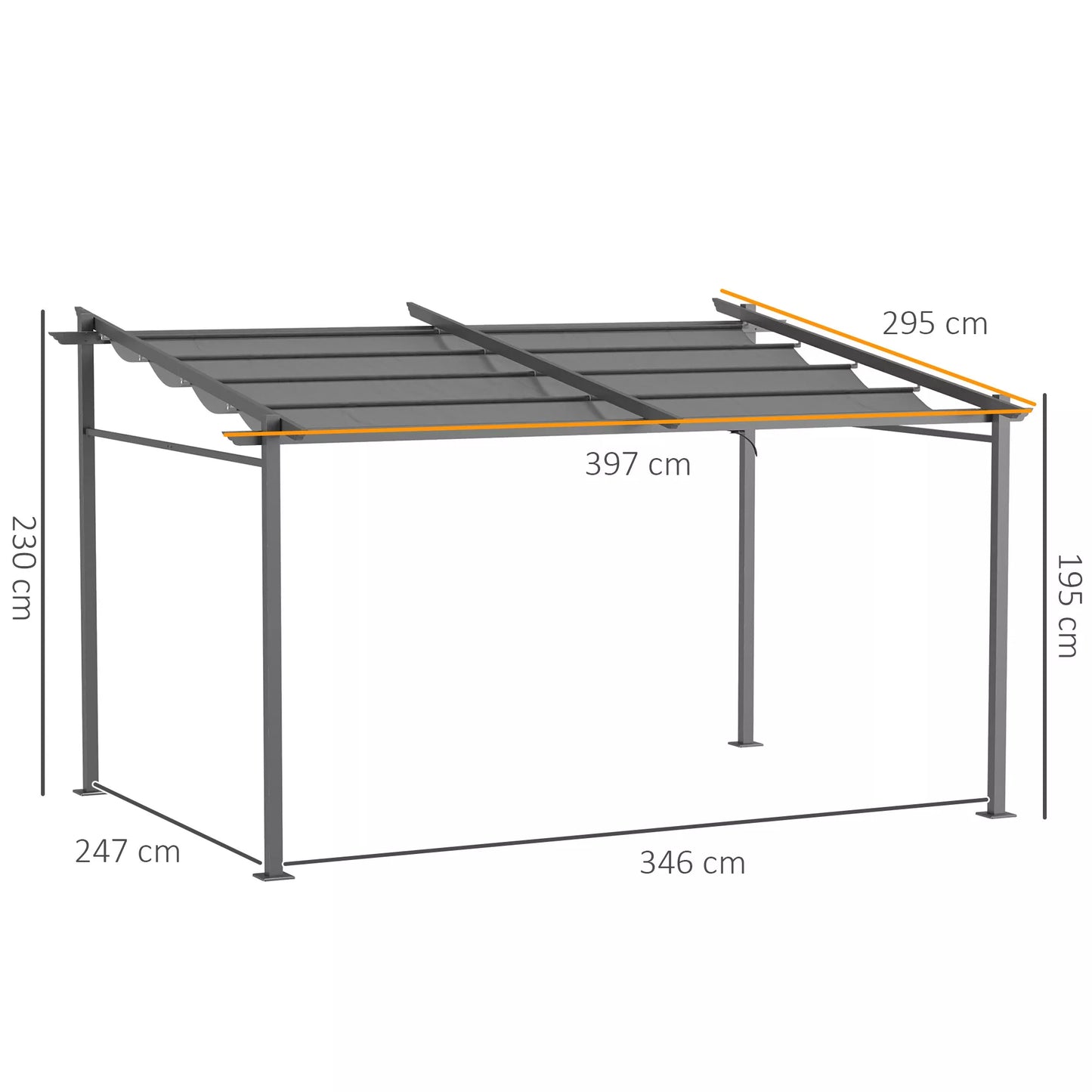 Pergola, su tvirtinimo elementais, ištraukiamas stogas, 3,97 m x 2,95 m x 2,3 m, tamsiai pilka