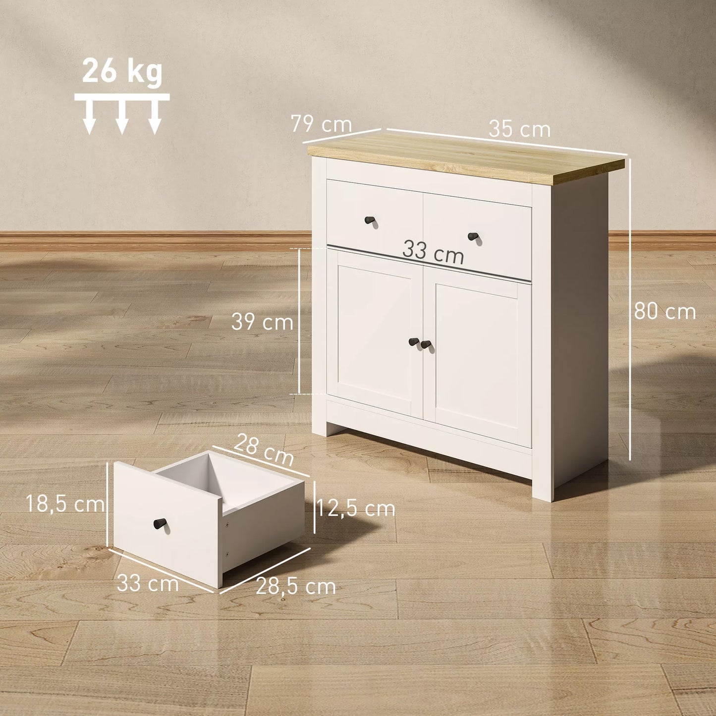 Komoda su daug vietos daiktams, spintele su švelniai užsidarančiomis durimis, 2 stalčiais, reguliuojama lentyna, balta.