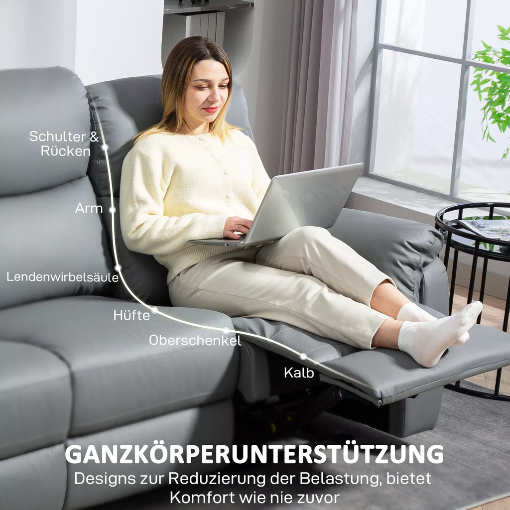 3 vietų sofa, kairė ir dešinė sėdynės atlenkiamos, reguliuojama atrama kojoms, dirbtinės odos apmušalas, skirta svetainei, tamsiai pilka