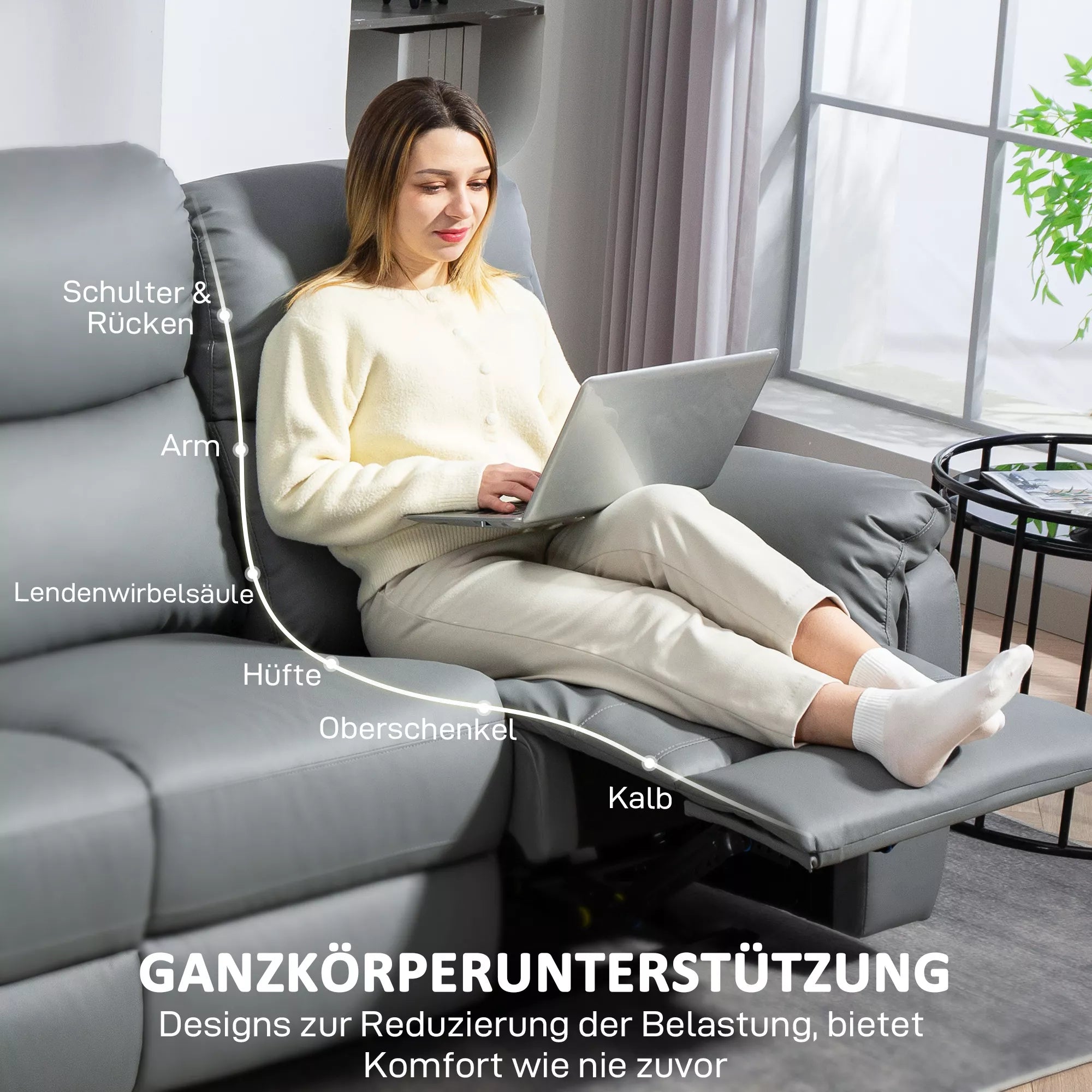 3 vietų sofa, kairė ir dešinė sėdynės atlenkiamos, reguliuojama atrama kojoms, dirbtinės odos apmušalas, skirta svetainei, tamsiai pilka