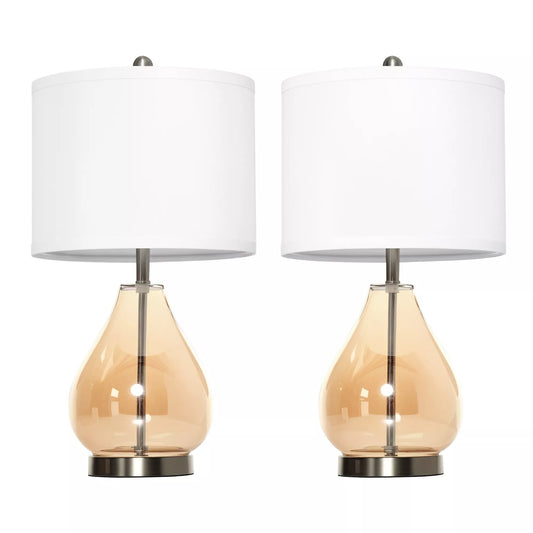 2 vnt. stalinės lempos, stalinis šviestuvas su E27 cokoliu, naktinio staliuko lempa 40 W, stiklas, linas, metalas, gintaro spalvos, Ø30 x 56A cm