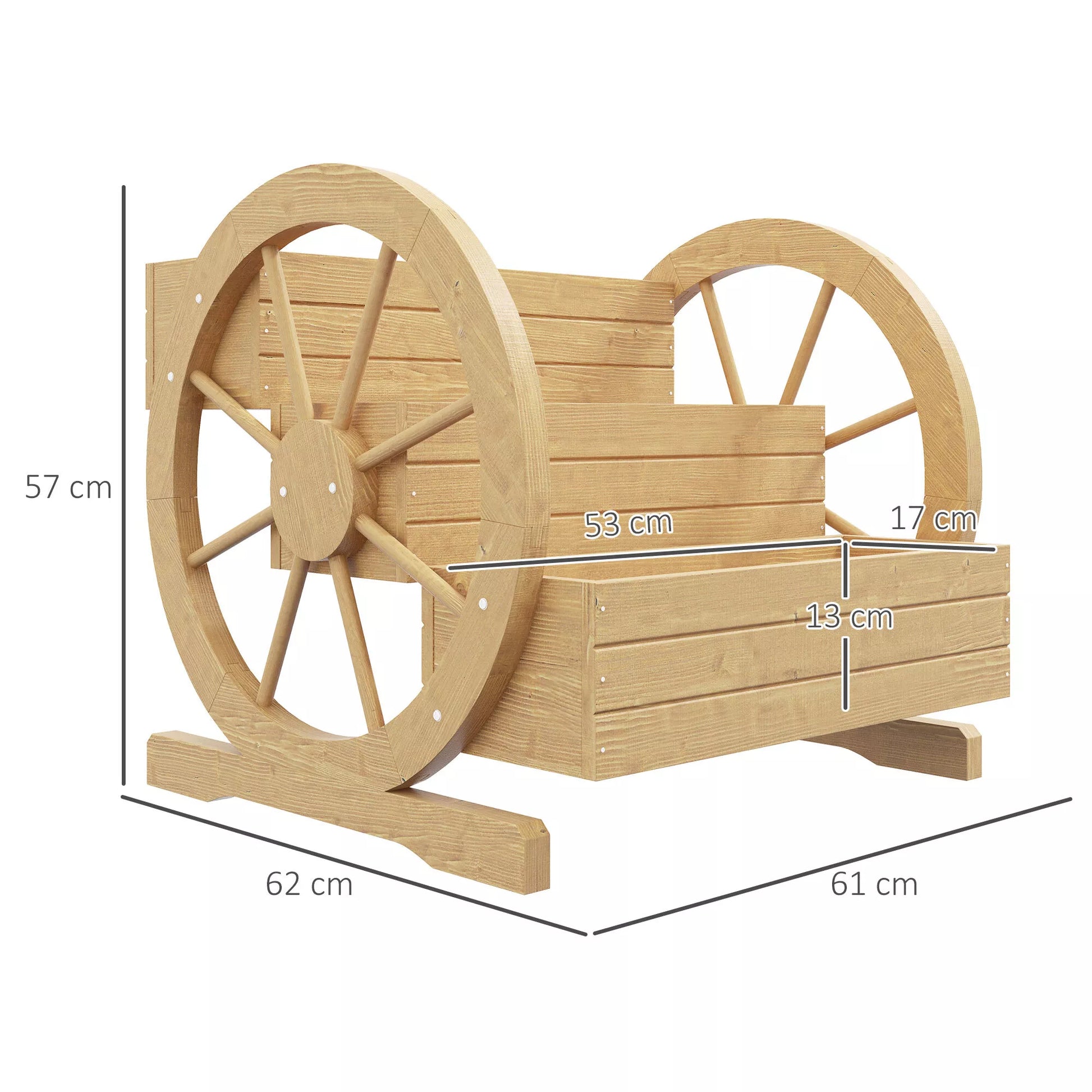 Pakelta lysvė, 3 aukštų su dekoratyviniais ratais, natūrali mediena, 62x61x57 cm, natūralaus medžio