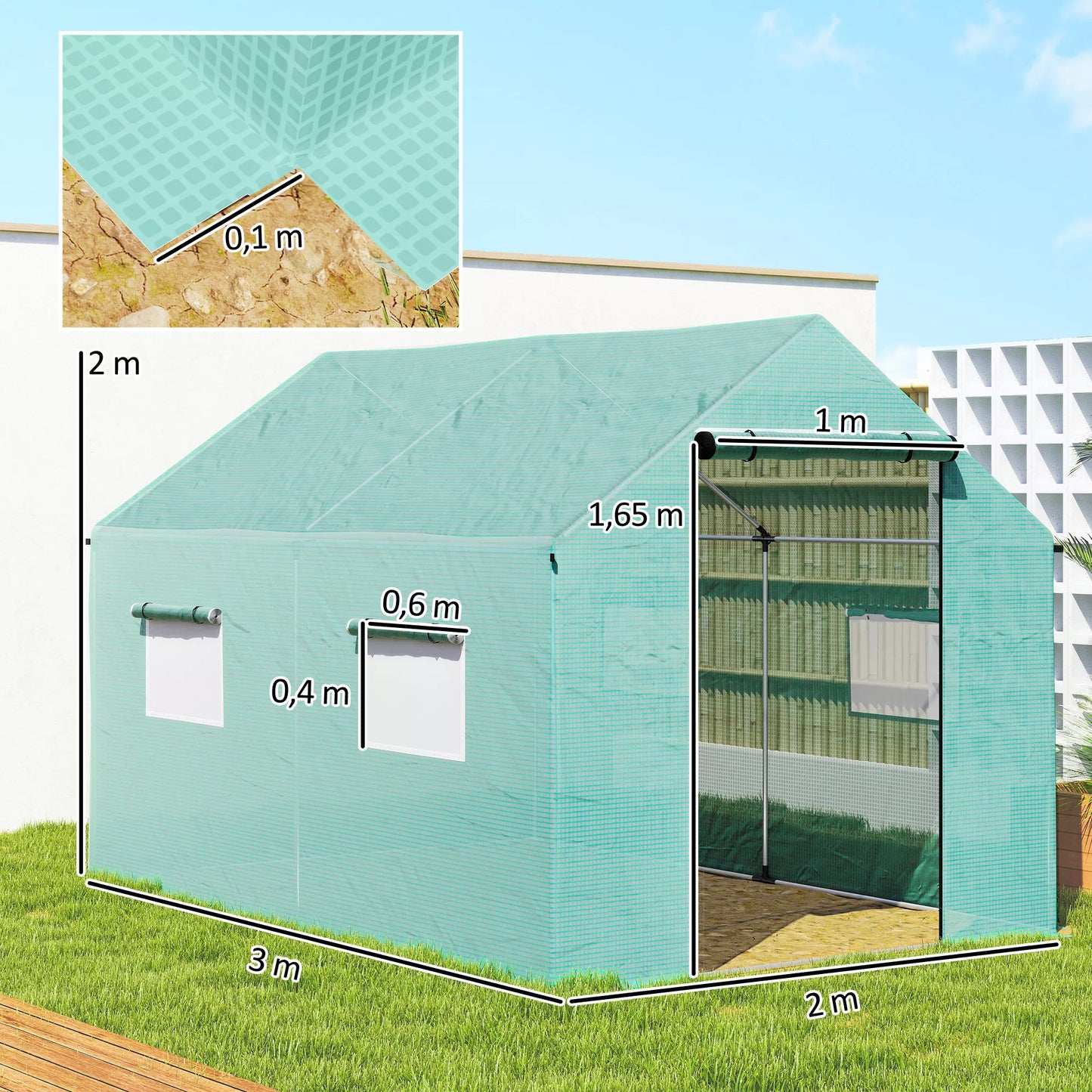 Tunelinis šiltnamis, suskleidžiamos durys ir langai, cinkuotas plieninis rėmas, 2x3x2 m, žalias