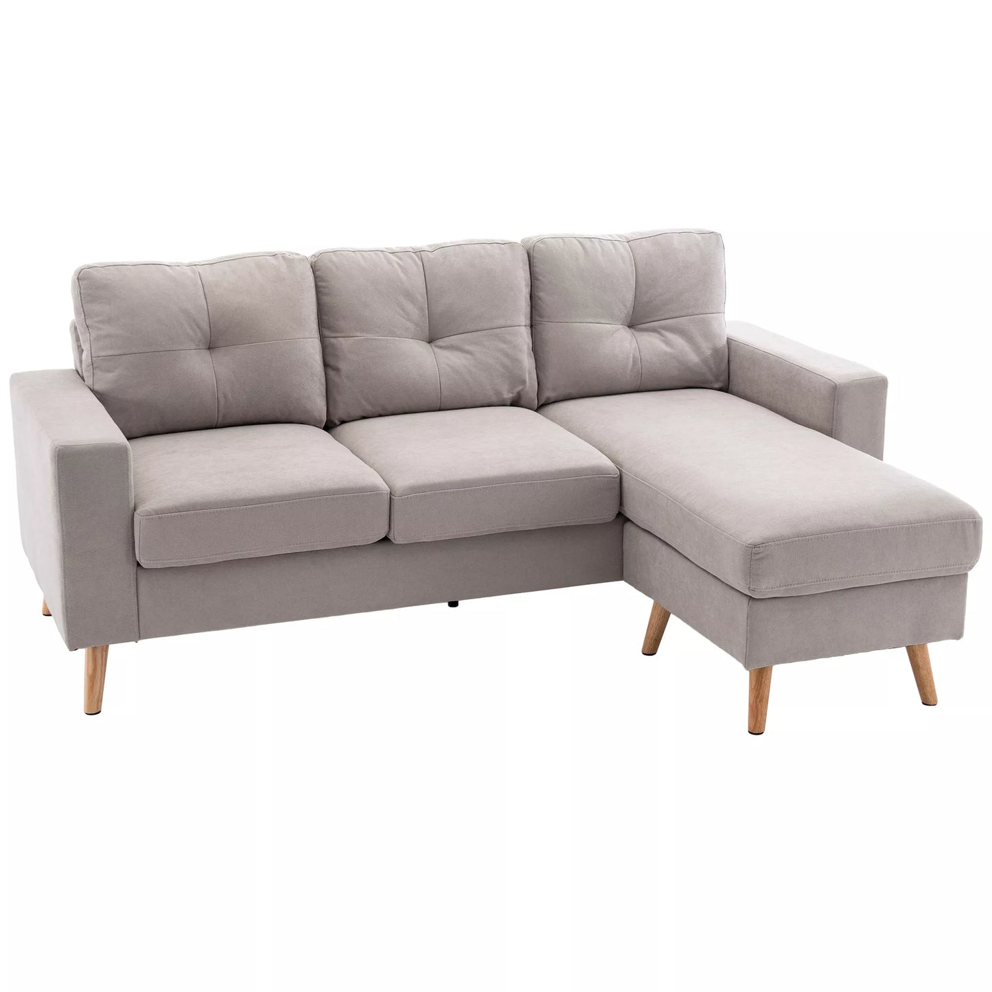 3 vietų kampinė sofa, linine išvaizda, keičiamos krypties pusilgė, 193x136x85 cm, šviesiai pilka