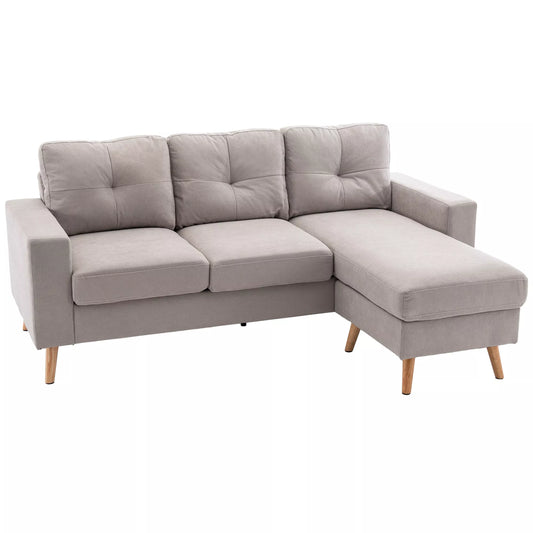 3 vietų kampinė sofa, linine išvaizda, keičiamos krypties pusilgė, 193x136x85 cm, šviesiai pilka