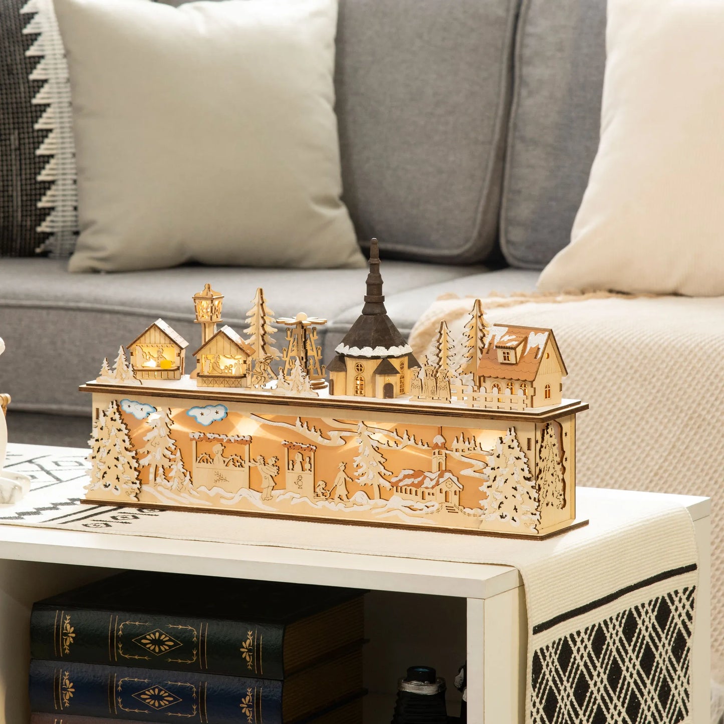 Kalėdinė dekoracija, Kalėdinis kaimelis, 10 LED, šiltai baltos šviesos, 45 x 10 x 25 cm, medžio dekoras