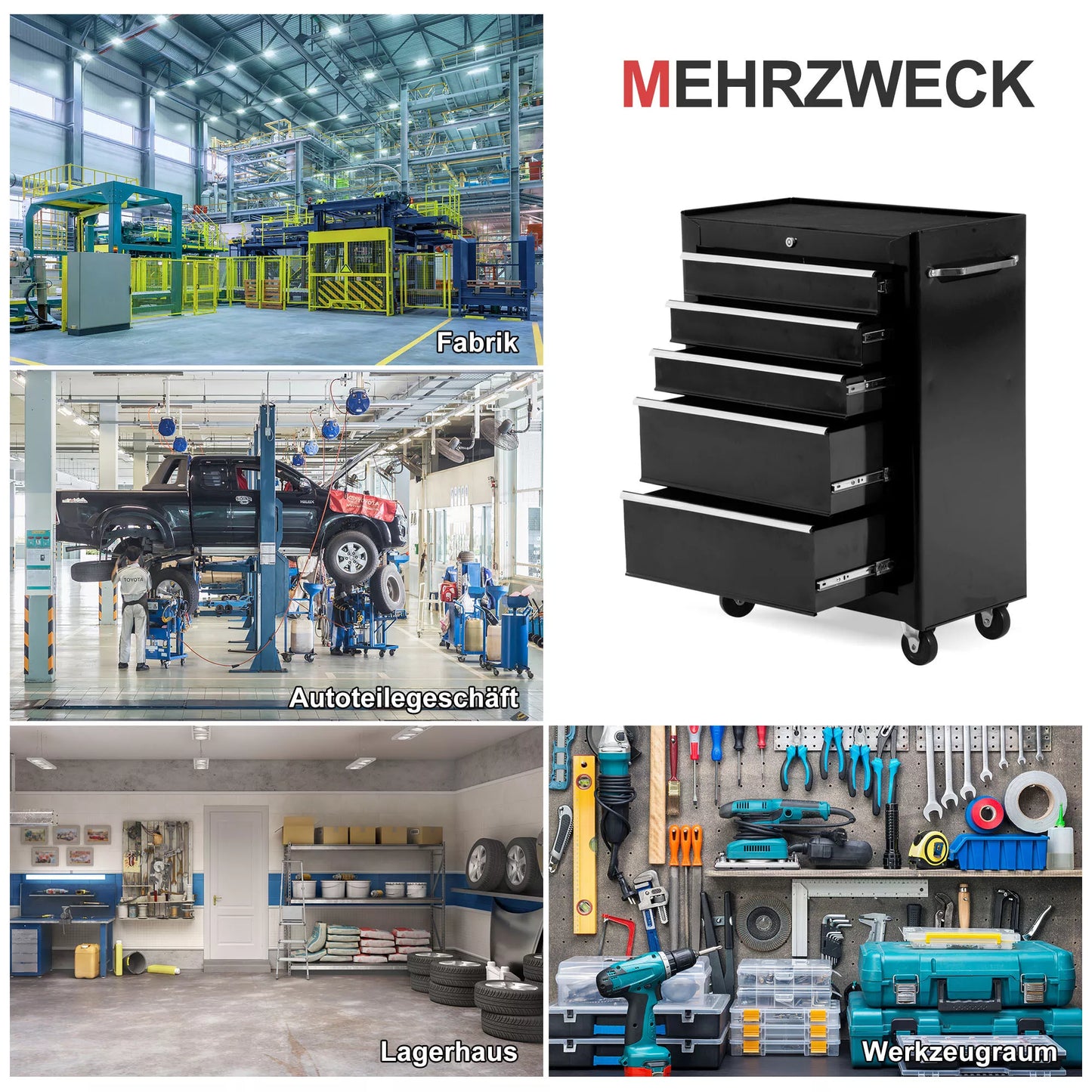 HOMCOM įrankių spintelė, 5 stalčiai, ant ratukų, plieninė, juoda