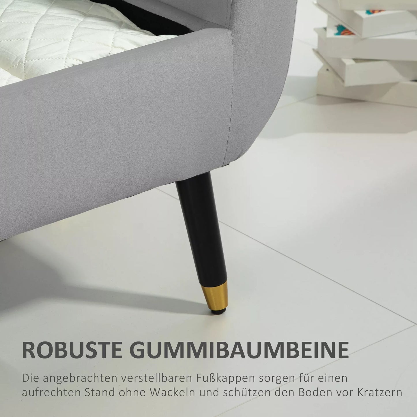 Suolas su daiktadėže ir porankiais, skrynios formos suolas, aksominis poliesteris, kaučiukmedžio mediena, šviesiai pilka, 107 x 42 x 65 cm