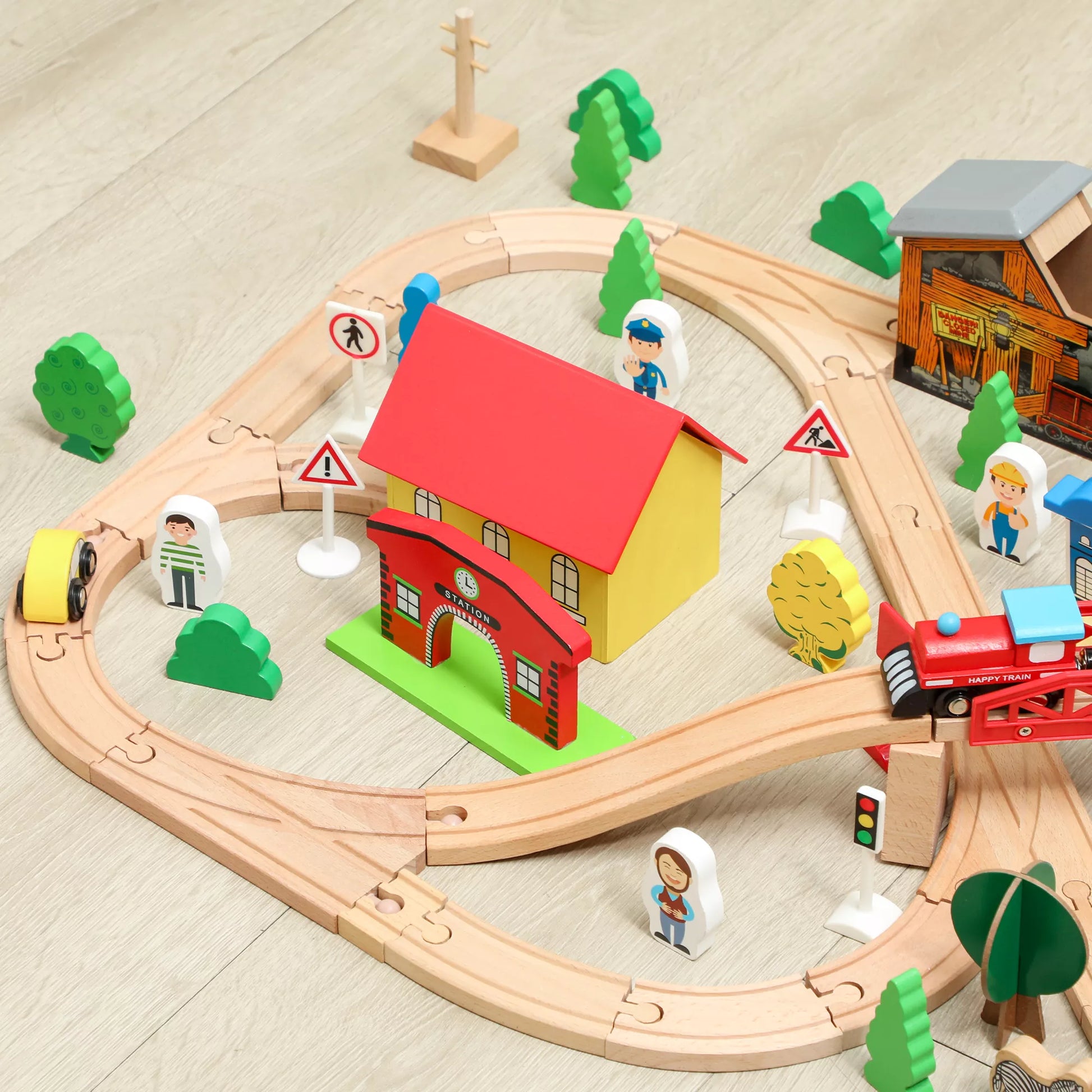 Žaidimų stalas, 108 dalių medinis traukinio rinkinys, su nuimama stalo plokšte, traukinių stalas, 98x60,5x40 cm, mėlynas