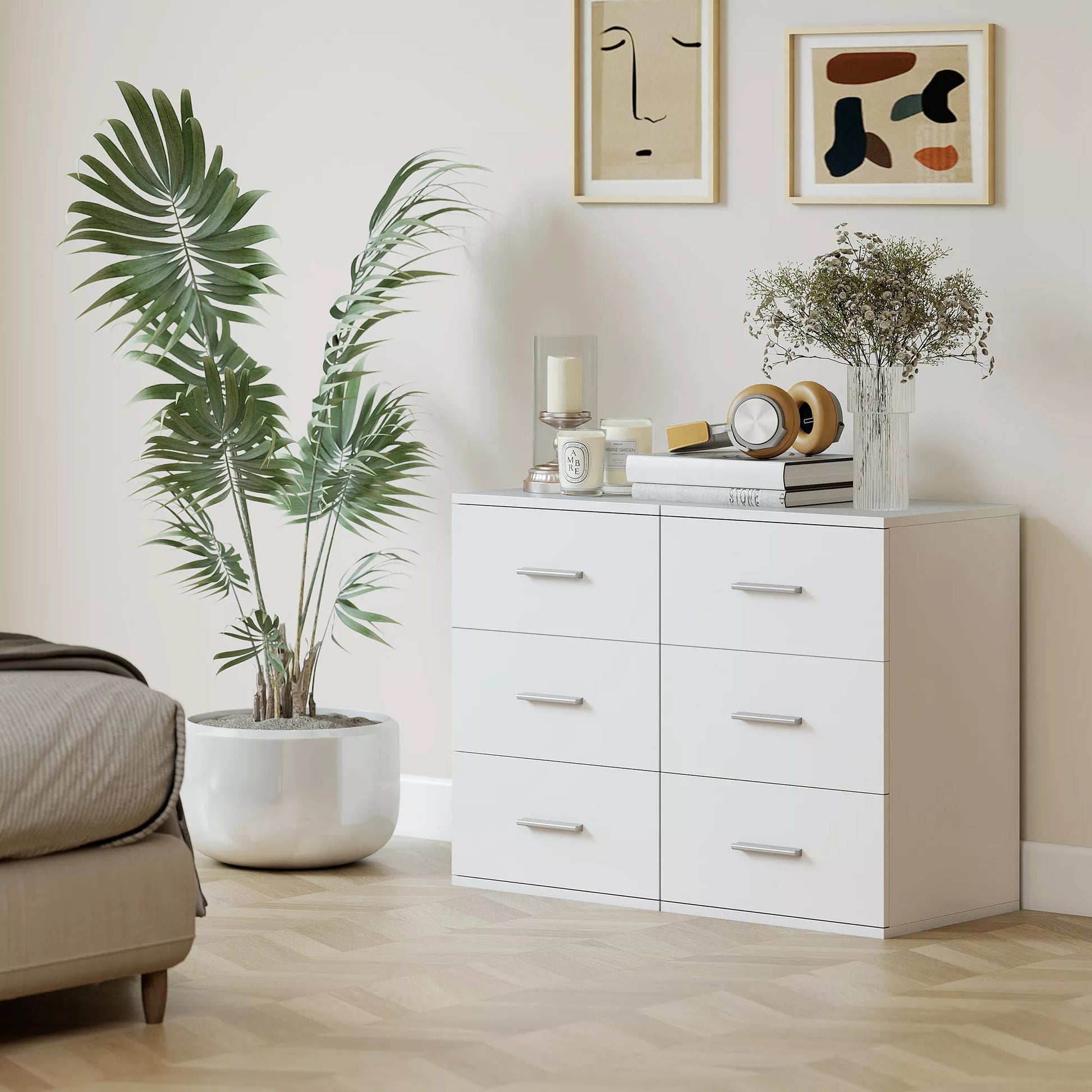 Naktinis staliukas su 3 stalčiais, komoda miegamajam, MDF, balta