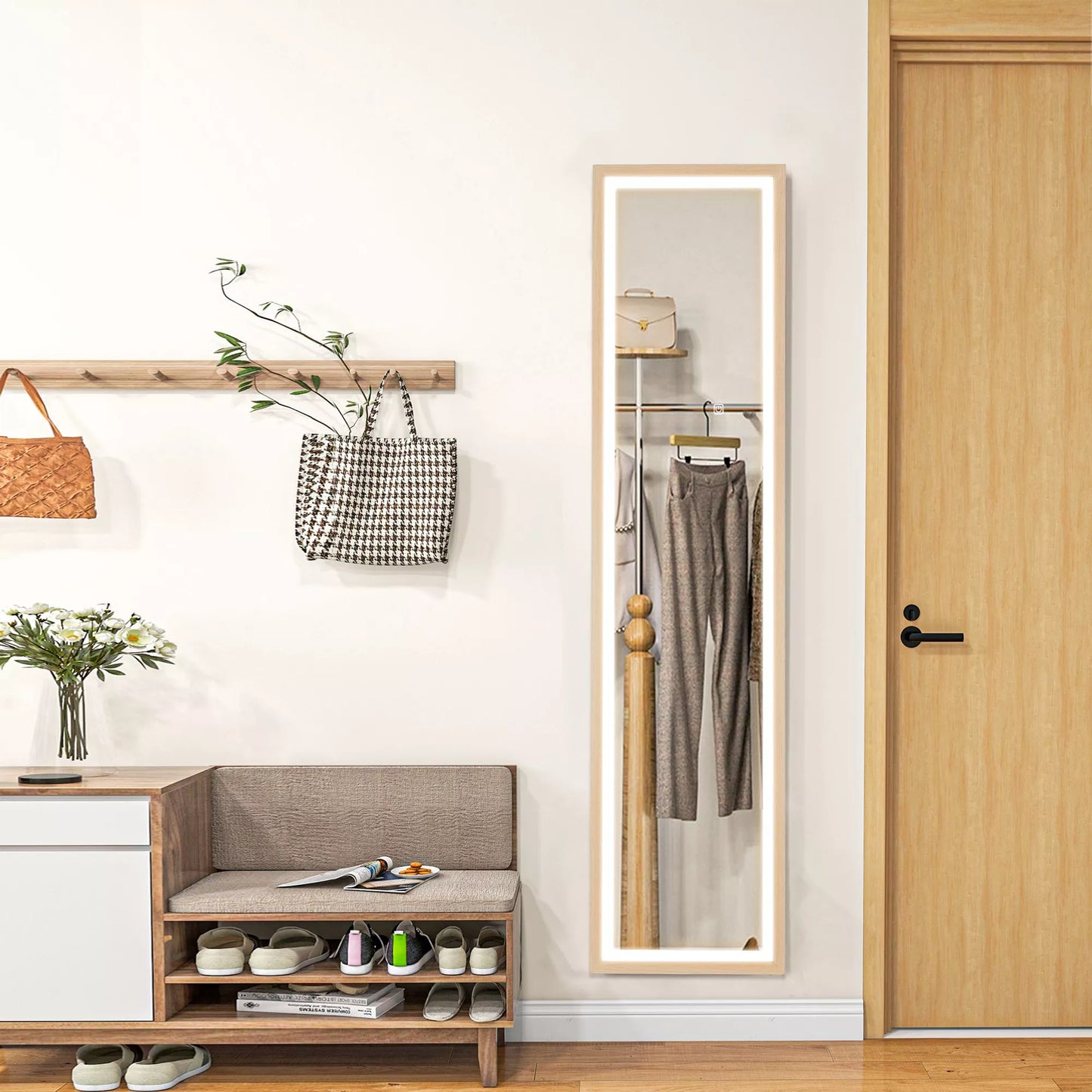 LED pilno kūno veidrodis, 40 x 160 cm, su lietimui jautriu valdymu, pritemdomas, 3 spalvų pasirinkimu, ąžuolo spalvos