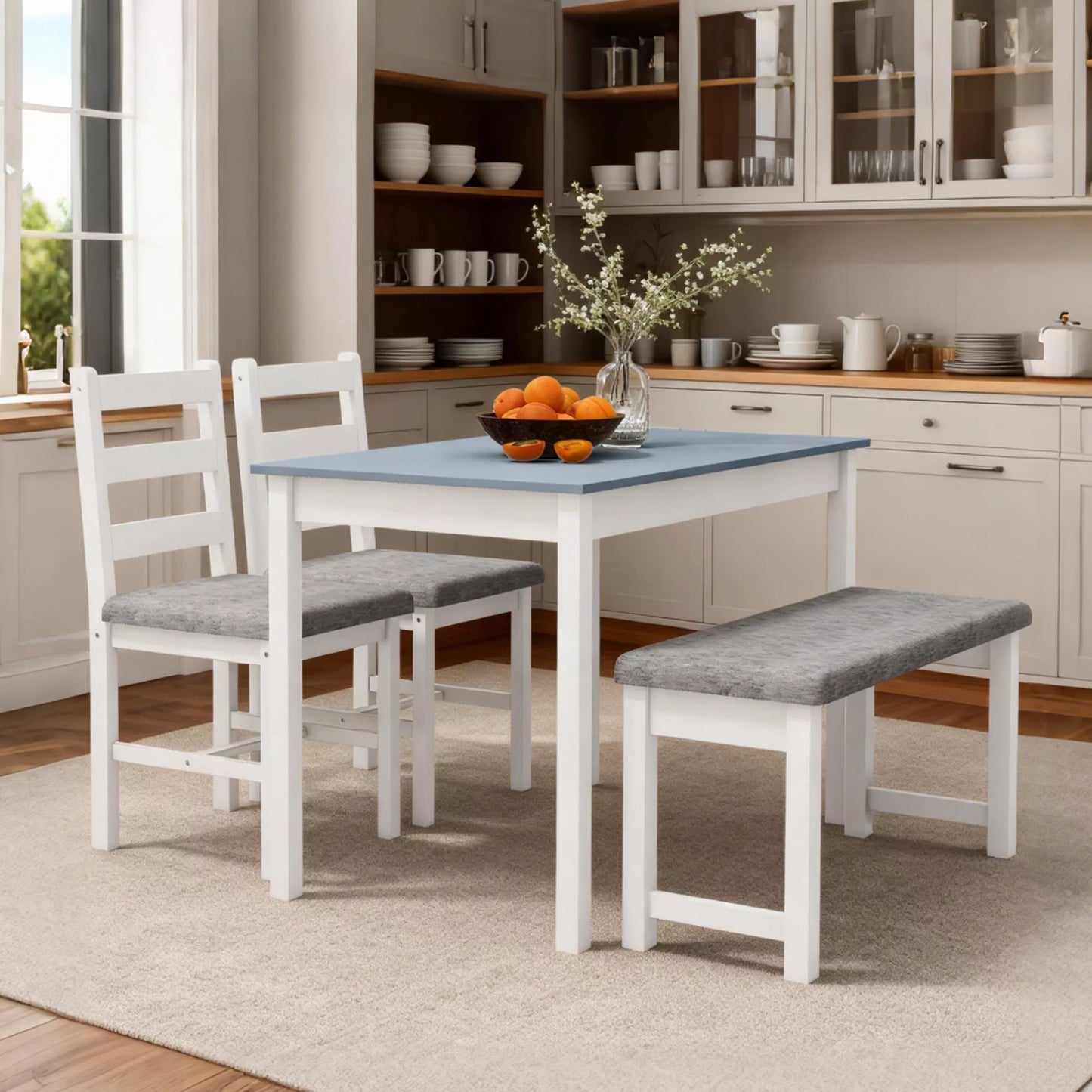 Sėdimoji grupė, 4 dalių valgomojo stalo komplektas, 1 stalas, 1 suolas, 2 kėdės, pilka + balta