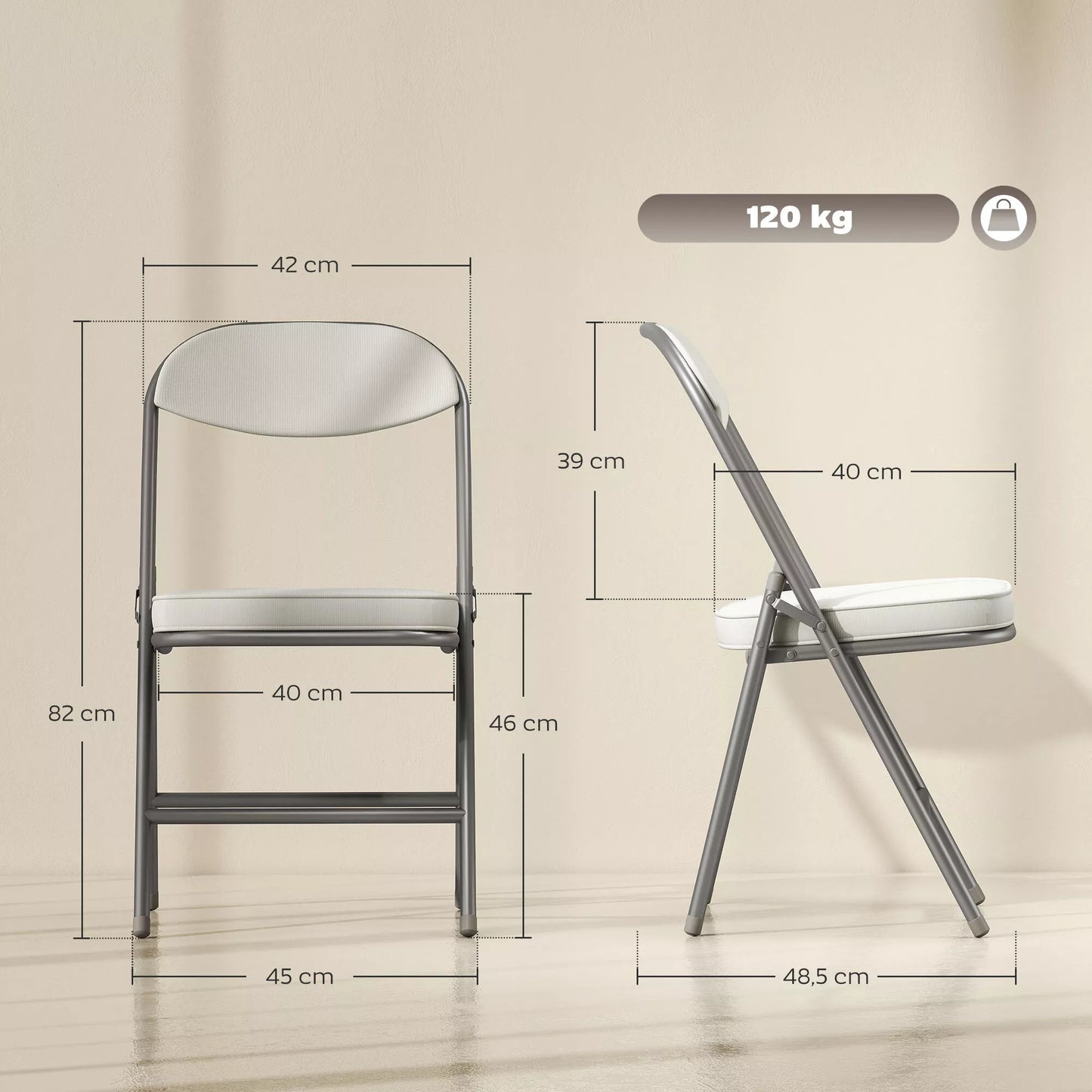 4 vnt. minkštų sulankstomų kėdžių komplektas, sulankstomos kėdės su kordiniu užvalkalu, atlošu, metaliniu rėmu, kreminės baltos