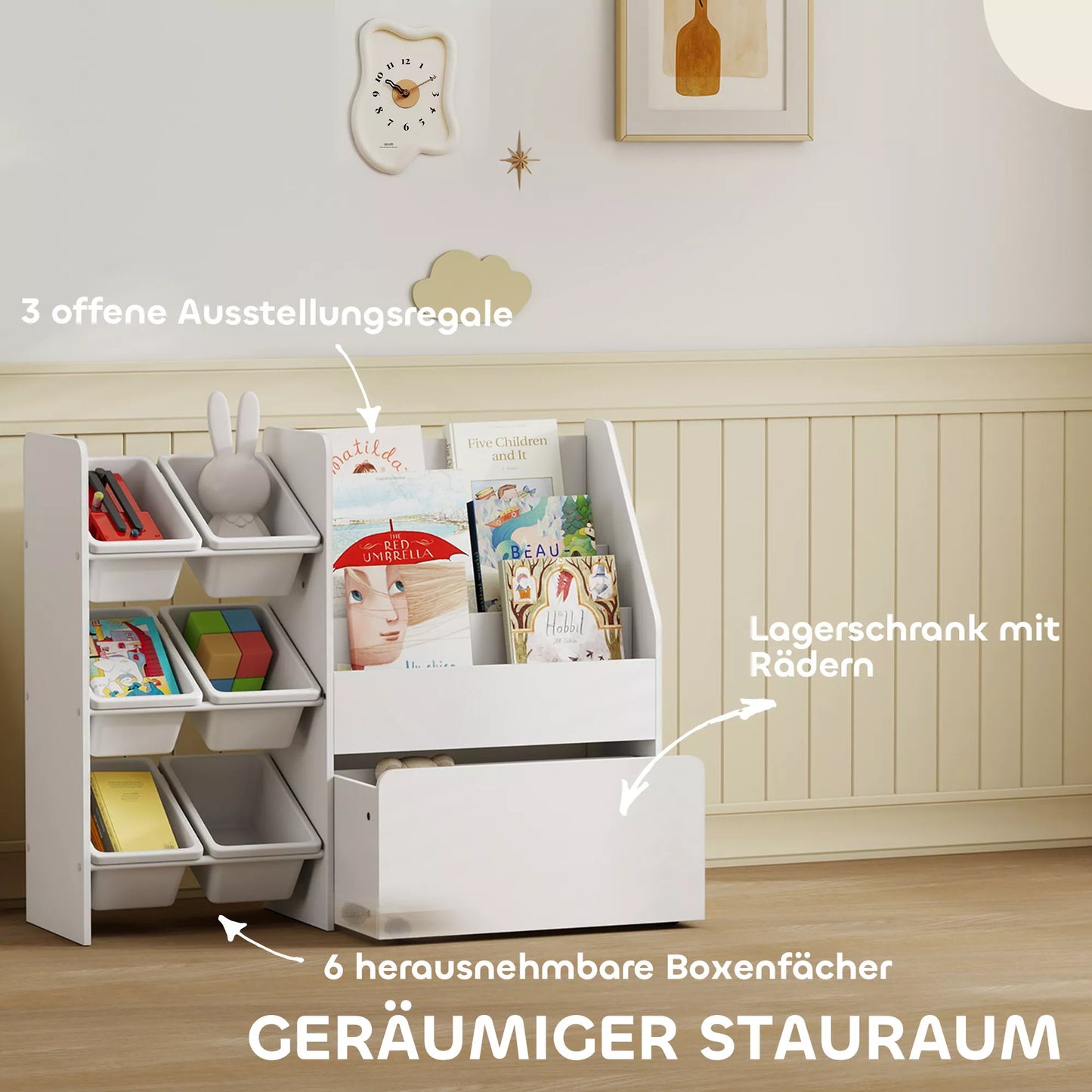 Žaislų lentyna, vaikiškas kambario stovas su 6 dėžutėmis, knygų lentyna, ant ratukų, 100 x 30 x 80 cm, MDF, plienas, balta
