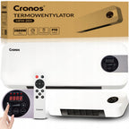 Cronos HFH-201 šildytuvo pakuotė su produkto ir nuotolinio pulto vaizdais bei 2000 W specifikacijų schema