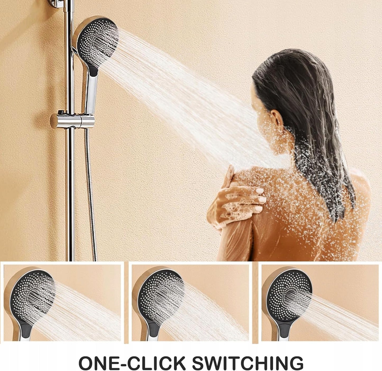 „Auralum“ lietaus dušas su reguliuojamo aukščio stovu, 1–1,4 m, dušo  komplektas su lietaus galva, chromuotas