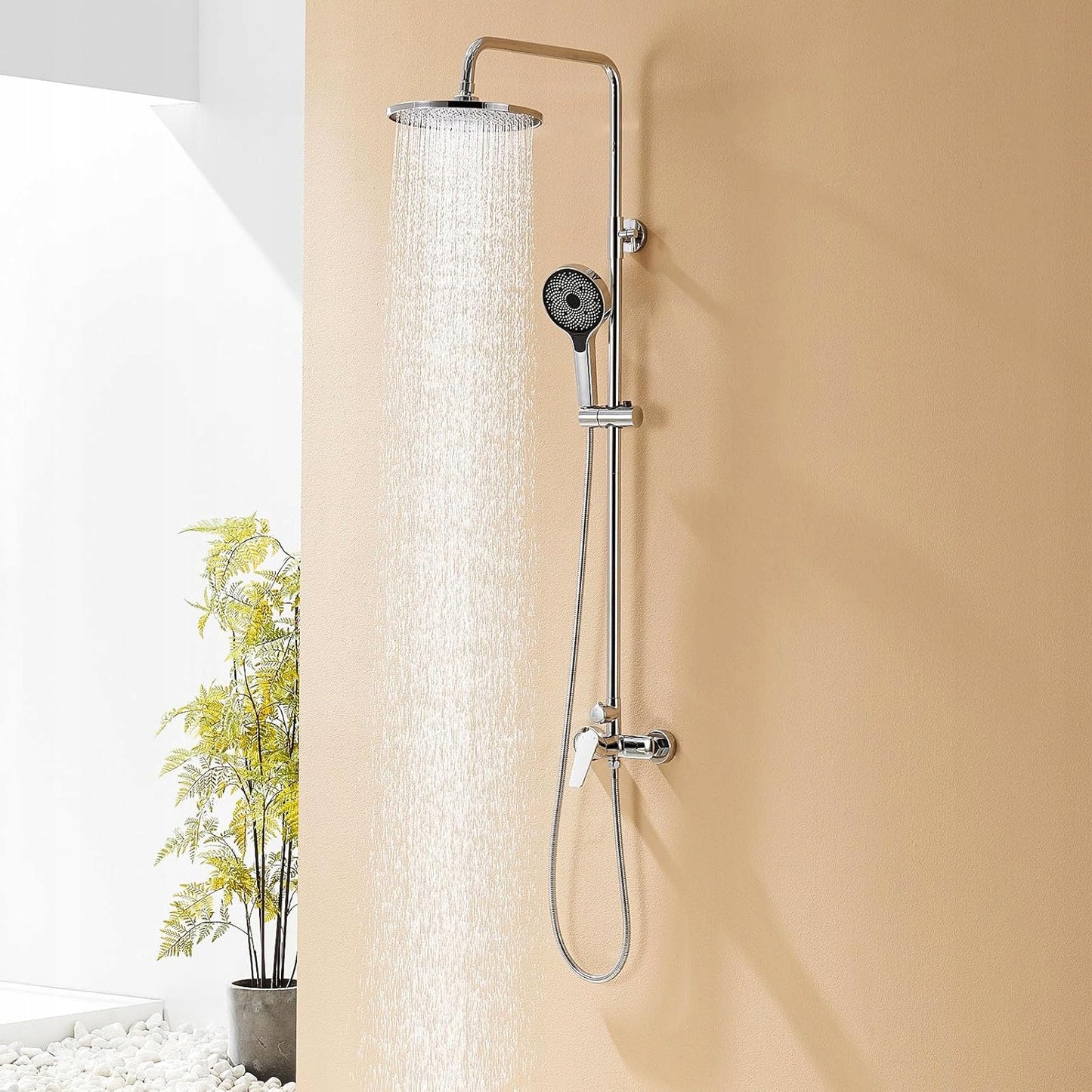 „Auralum“ lietaus dušas su reguliuojamo aukščio stovu, 1–1,4 m, dušo  komplektas su lietaus galva, chromuotas