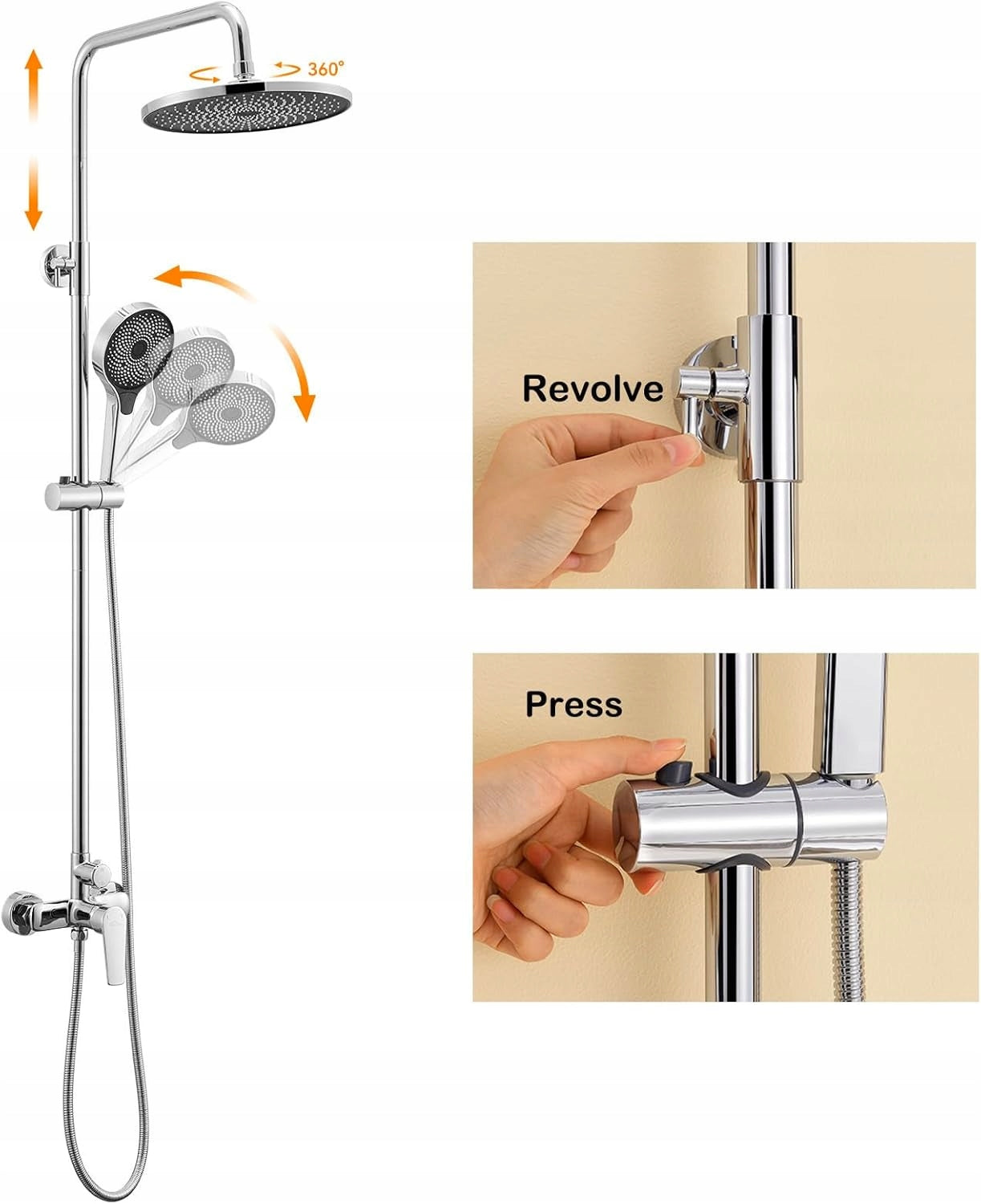 „Auralum“ lietaus dušas su reguliuojamo aukščio stovu, 1–1,4 m, dušo  komplektas su lietaus galva, chromuotas