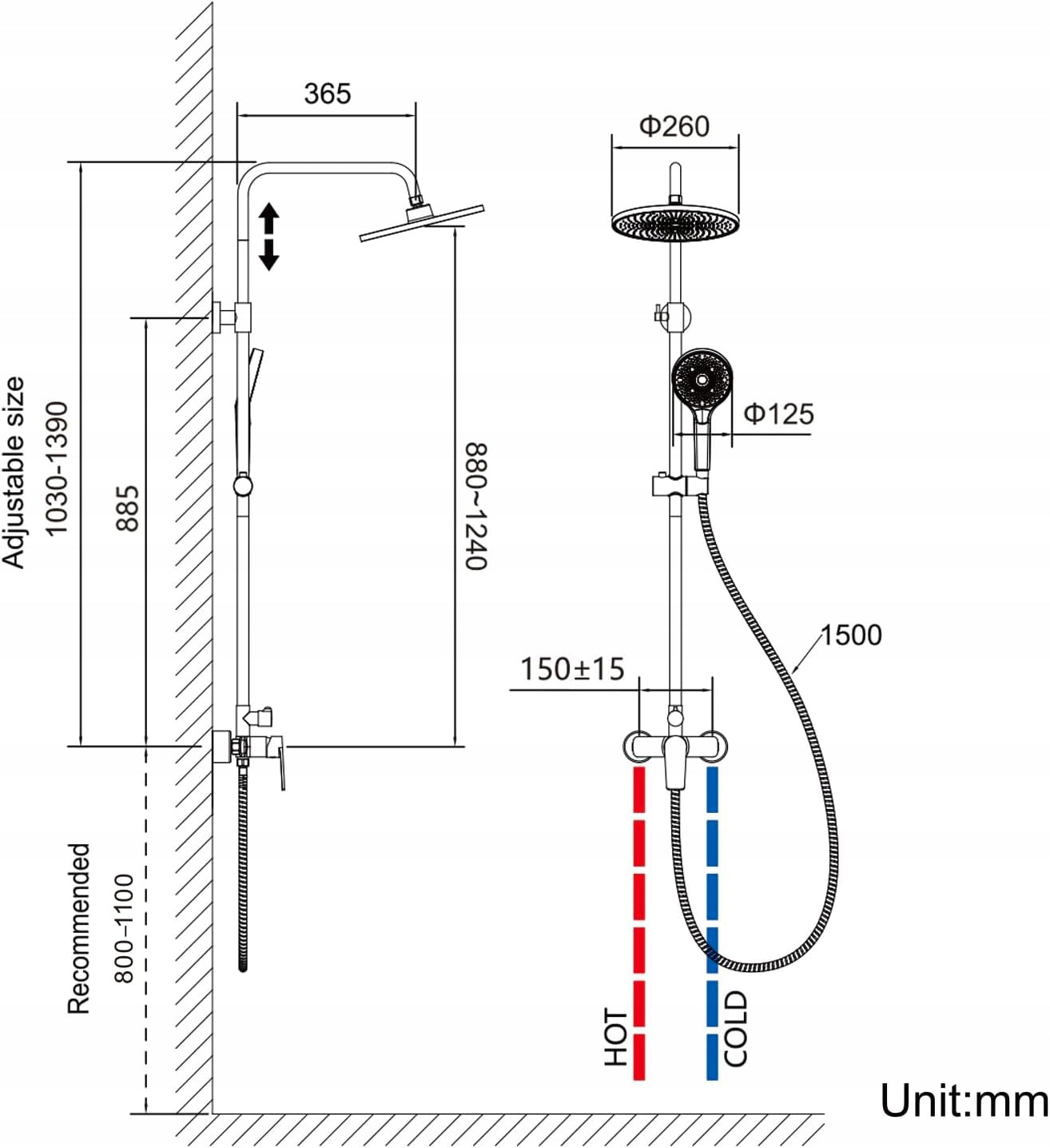 „Auralum“ lietaus dušas su reguliuojamo aukščio stovu, 1–1,4 m, dušo  komplektas su lietaus galva, chromuotas