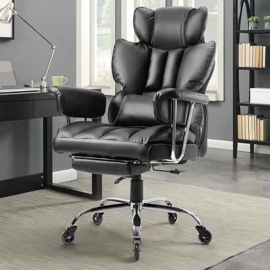 Ergonomiška vadovo, biuro, žaidimu kėdė iš PU odos su kojų atrama ir juosmens pagalvėle, juoda iki 180kg