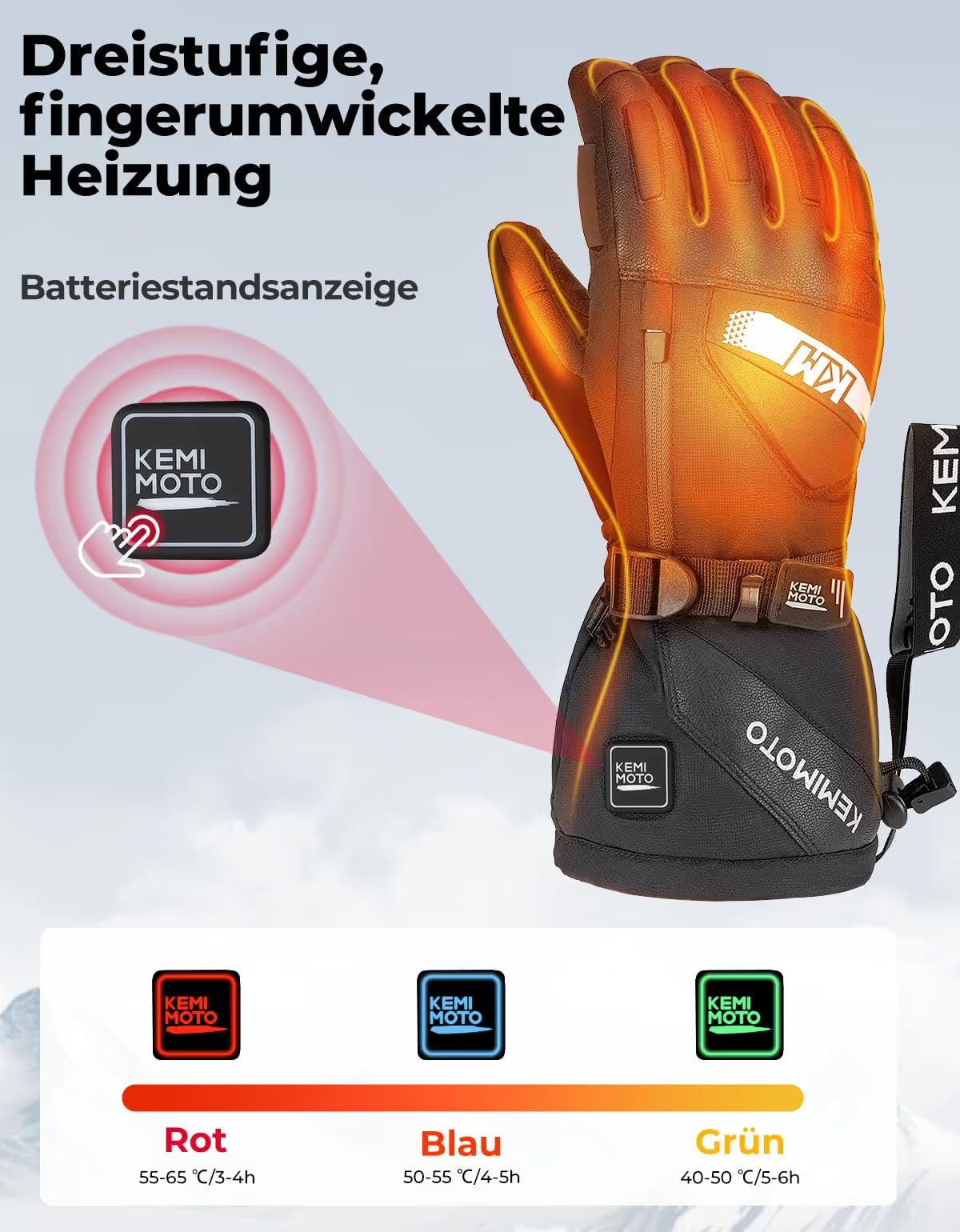 KEMIMOTO šildomos motociklo pirštinės su baterija 2500mAh,  PU odos, su jutikliniu ekranu M dydis