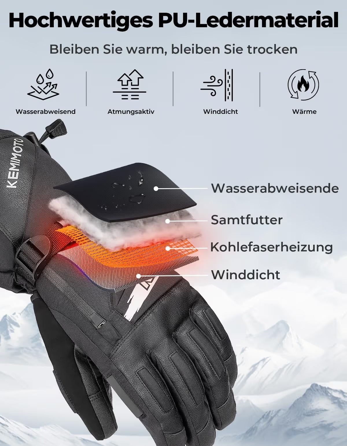 KEMIMOTO šildomos motociklo pirštinės su baterija 2500mAh,  PU odos, su jutikliniu ekranu M dydis