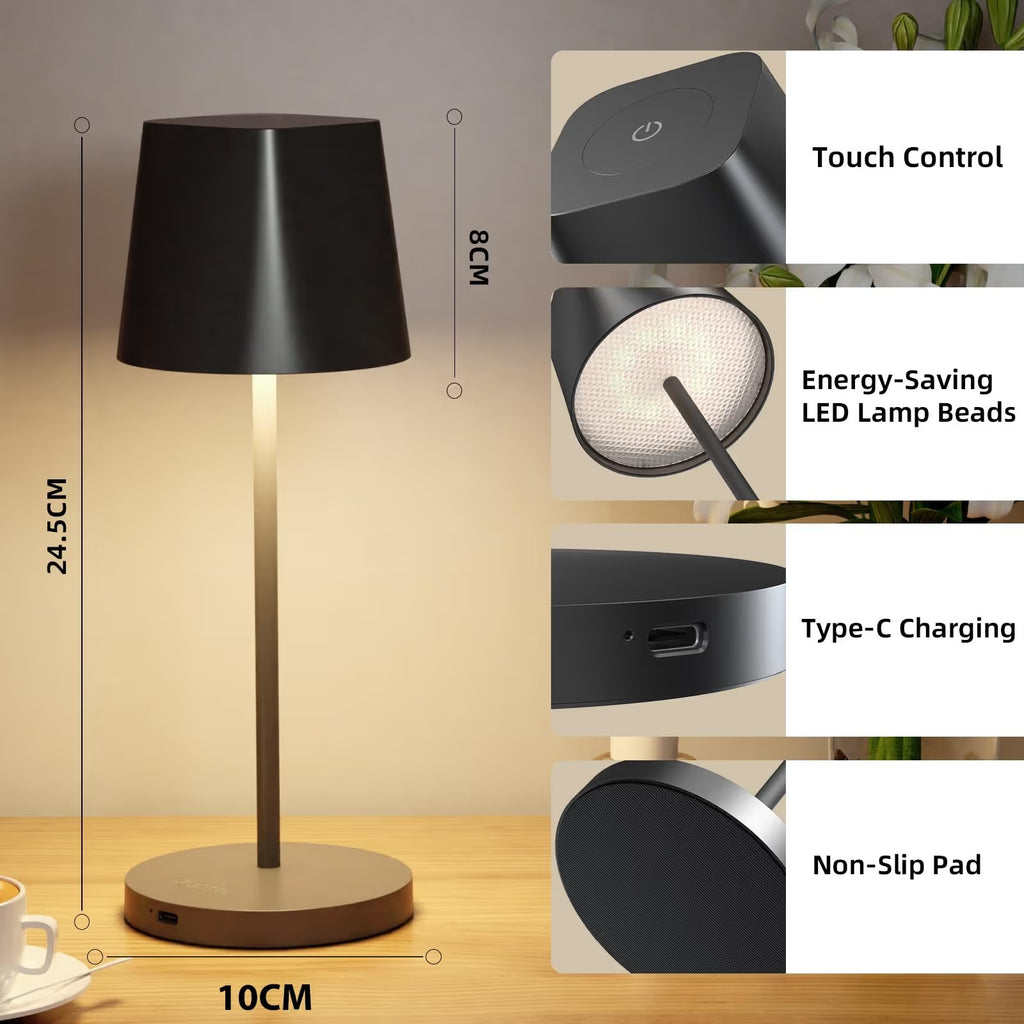 Techninė schema: lempa su matmenimis 10cm x 24.5cm, USB-C jungtis, Touch Control ir Non-Slip Pad