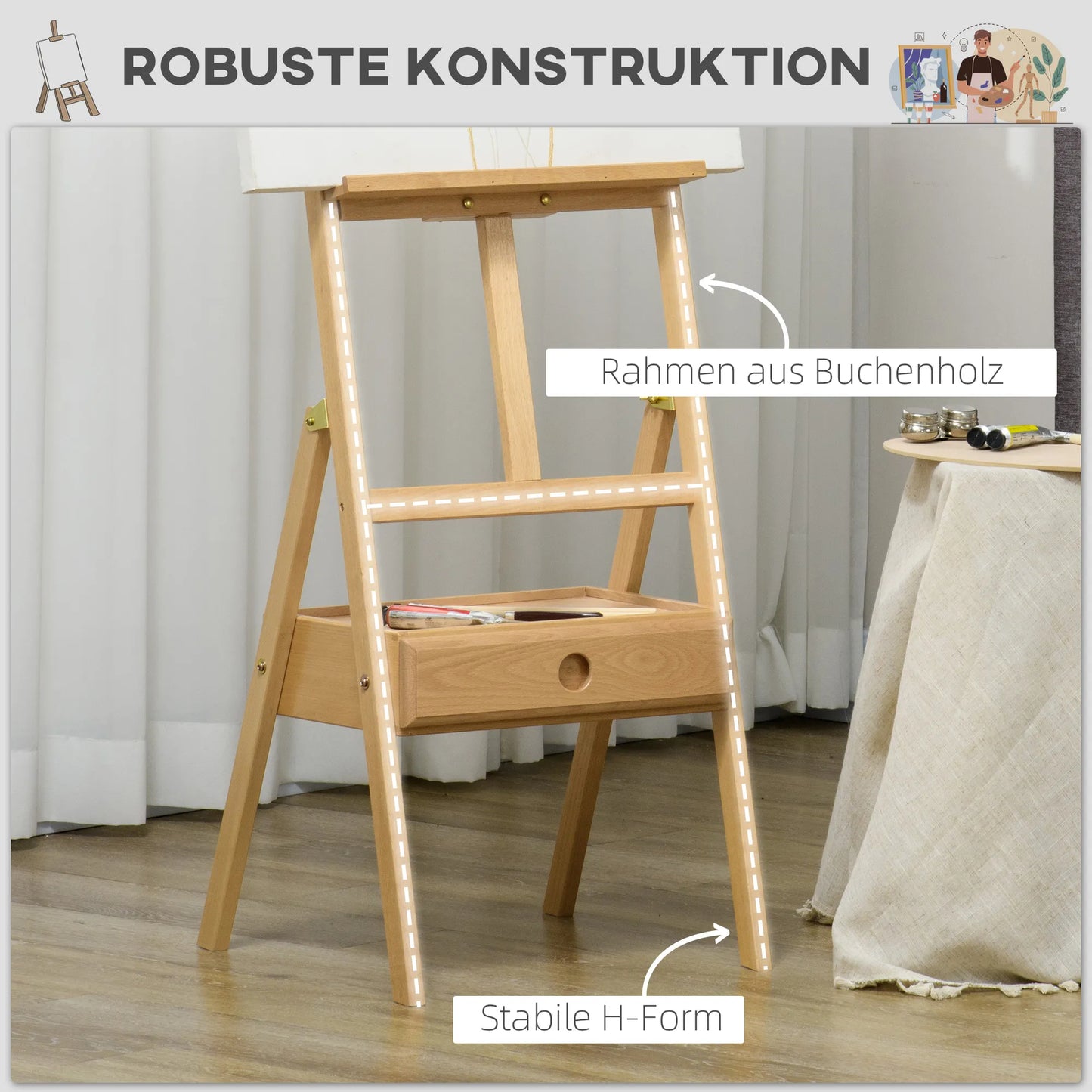 Dailininko molbertas, aukščio reguliavimo, su 1 stalčiumi, natūralus + juodas