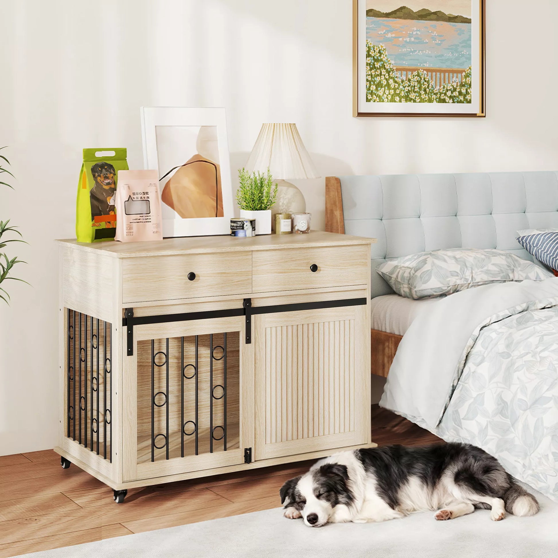 Šunų dėžė su ratukais, 2 durys, 2 stalčiai, vidutinio dydžio ir dideliems šunims, mediena, plienas