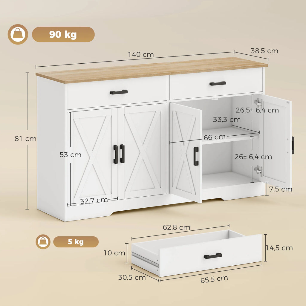 Matmenų schema: indauja 140x38,5x81 cm, nurodyti stalčiaus matmenys ir 90 kg apkrova