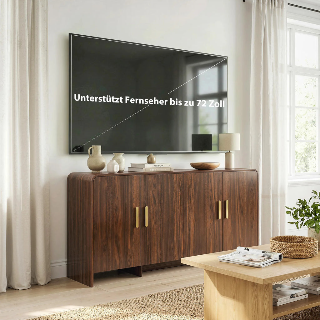 Indauja senovinio stiliaus 152 cm su švelniai uždaromomis durelėmis, TV spintelė televizoriams iki 72 colių, riešuto rudos spalvos