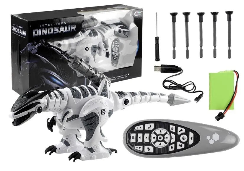 Interaktyvus robotas dinozauras, nuotoliniu būdu valdomas, su šviesos ir garso efektais, 65 cm, baltas