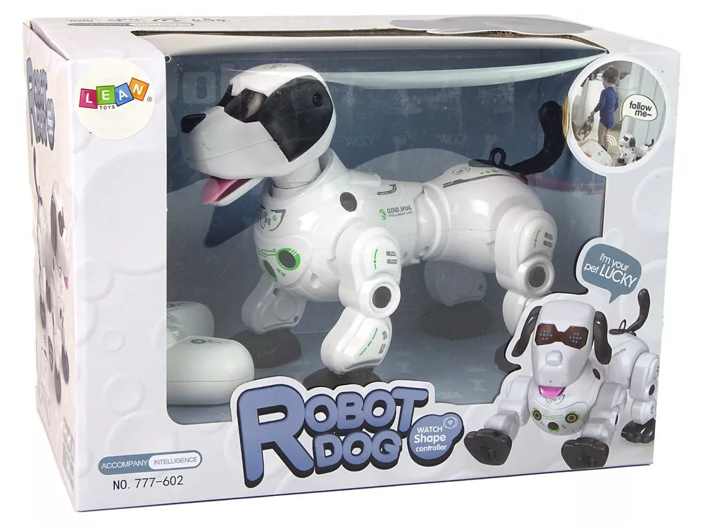 Robotas šuniukas pakuotėje šalia nuotolinio valdymo pultelio