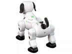 Iš nugaros pusės matyti robotas šuniukas su sulenktais kojų sąnariais