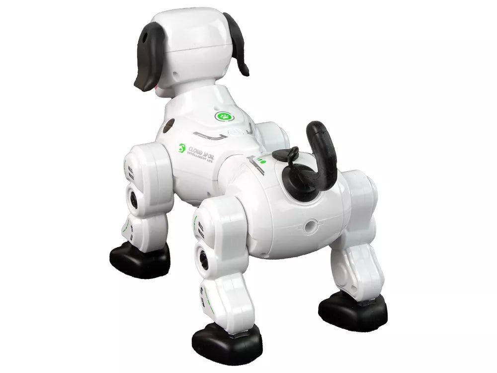 Iš nugaros pusės matyti robotas šuniukas su sulenktais kojų sąnariais
