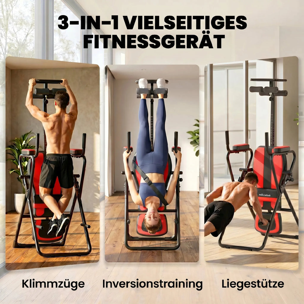 Inversijos stalas 3-in-1 su prisitraukimų ir atsispaudimų skersiniais, juodas-raudonas