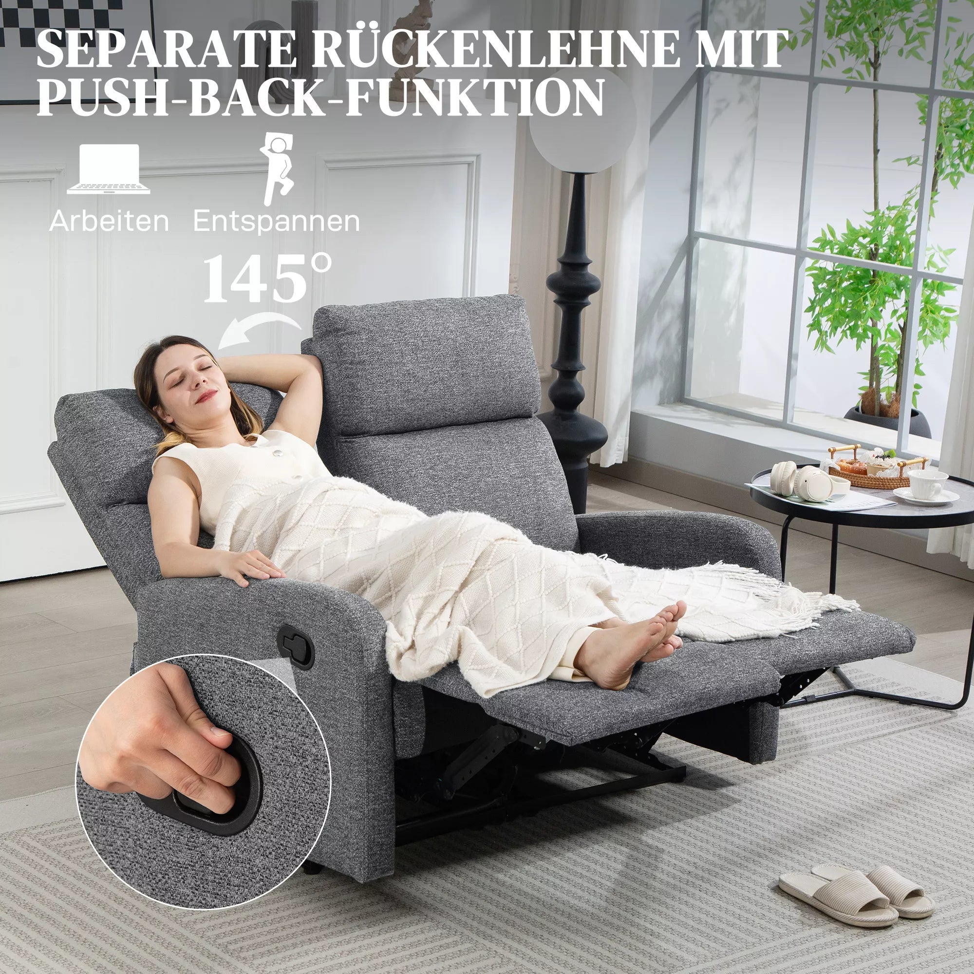 2 vietų sofa, individualiai reguliuojamos atlošos, kojų atrama, audinio apmušalas, plienas, pilka