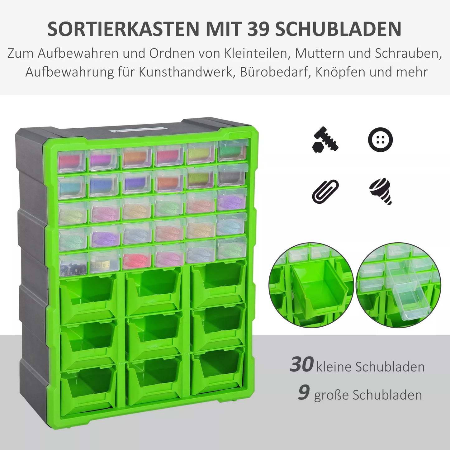 DURHAND Rūšiavimo dėžutė smulkioms dalims, daiktų laikymo dėžė, 39 skyreliai, žalia, 38 x 16 x 47,5 cm