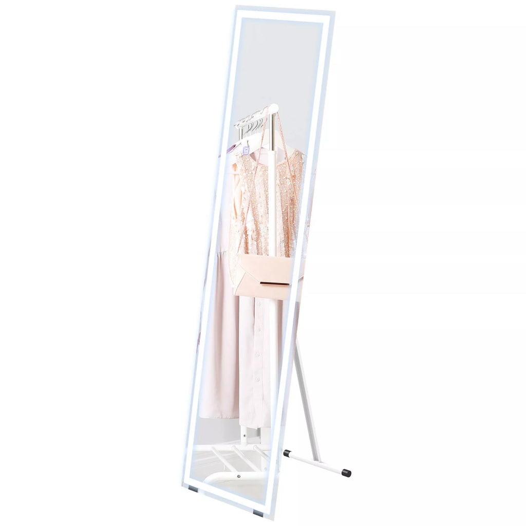 Pastatomas veidrodis, sieninis veidrodis, pilno kūno veidrodis, su LED apšvietimu, 40 cm x 150 cm, Baltas + Sidabrinis