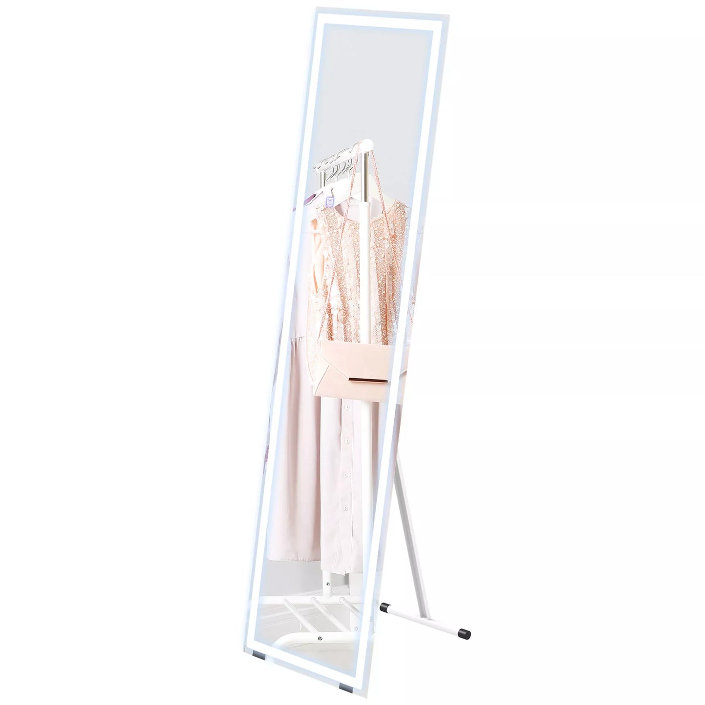 Pastatomas veidrodis, sieninis veidrodis, pilno kūno veidrodis, su LED apšvietimu, 40 cm x 150 cm, Baltas + Sidabrinis