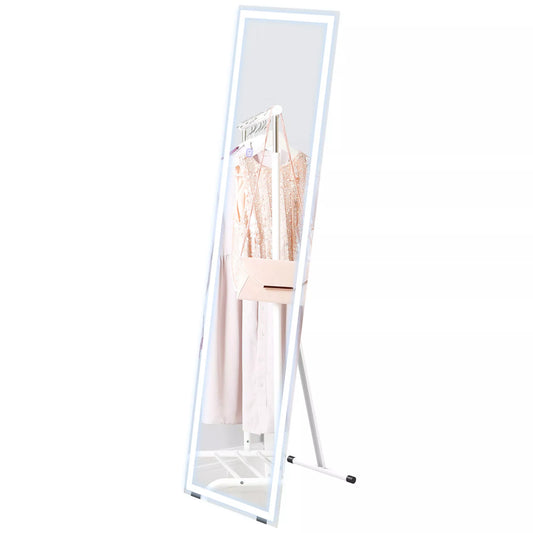 Pastatomas veidrodis, sieninis veidrodis, pilno kūno veidrodis, su LED apšvietimu, 40 cm x 150 cm, Baltas + Sidabrinis