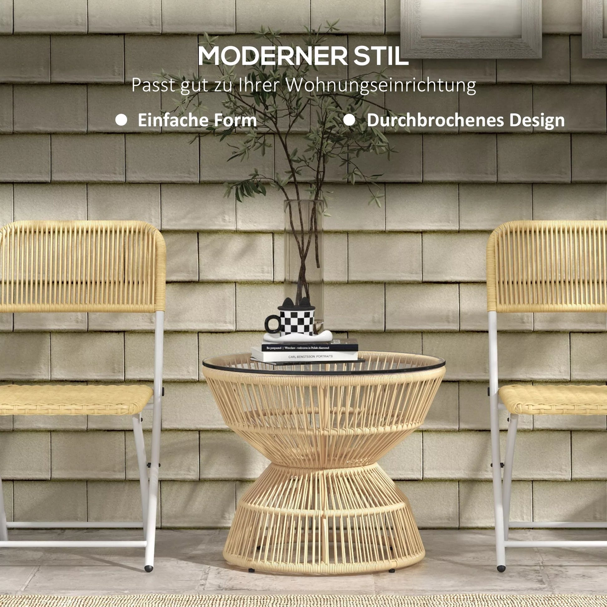 Lauko staliukas Sodo stalas Rotango staliukas, stiklo stalviršis, PE rotangas, 60 cm x 60 cm x 50 cm, natūralus