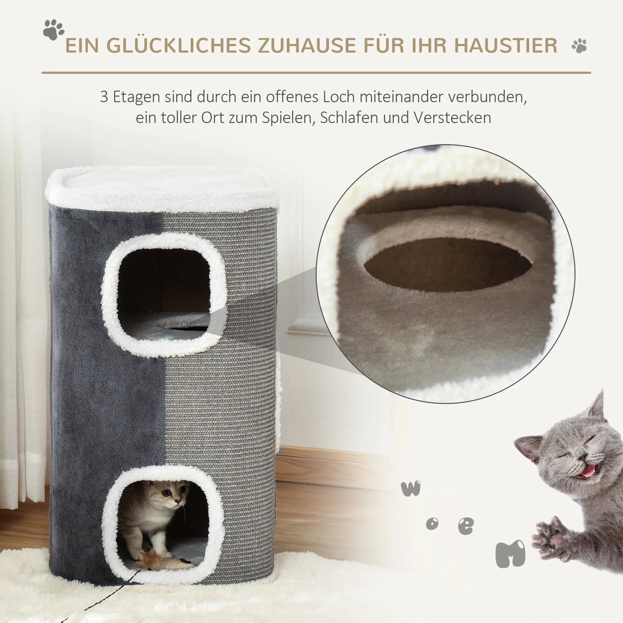 Kratztonne für Katzen Katzenkratzbaum 3 Ebenen Katzenbaum Kletterbaum für Katzen Katzenmöbel Spanplatte samtartem Polyester Sisal Grau+Weiß 40 x 40 x 74 cm